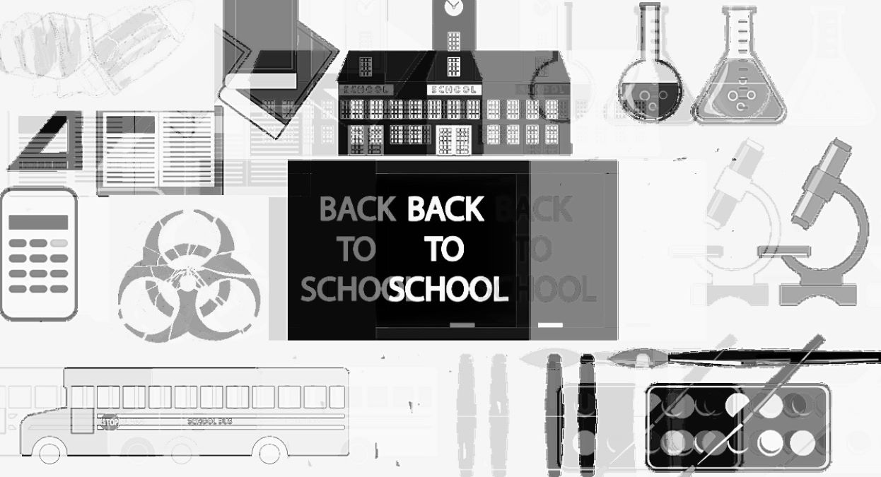 A distorted black and white collage of typical back to school supplies and symbols, overlaid with ominous signs of the times, including face masks and a bio-hazard symbol